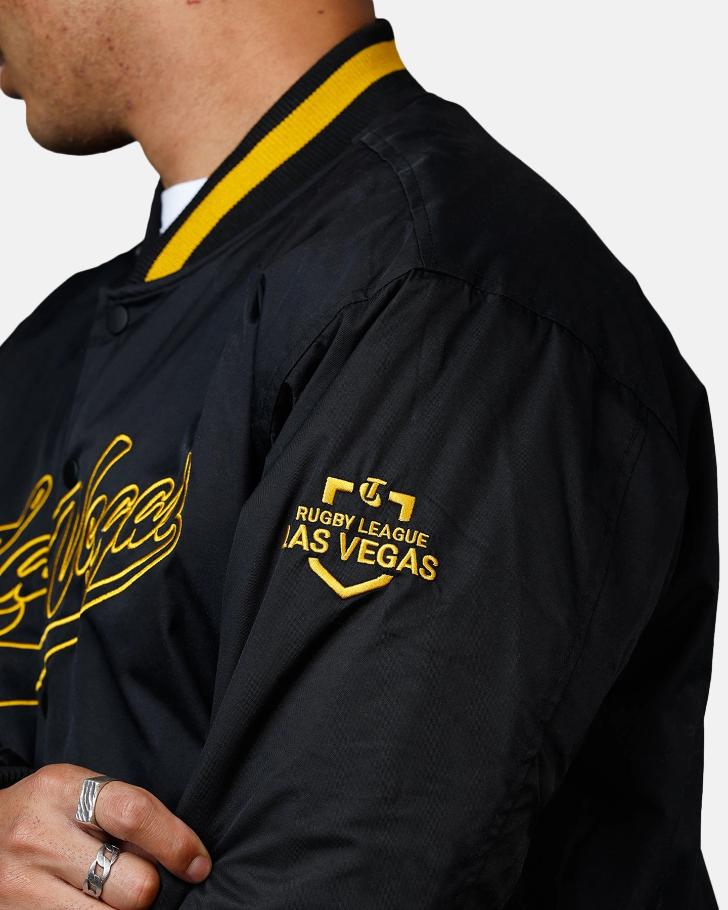 Bleacher Athletic NRL 2025 Las Vegas Round Bomber Jacket Black/Gold