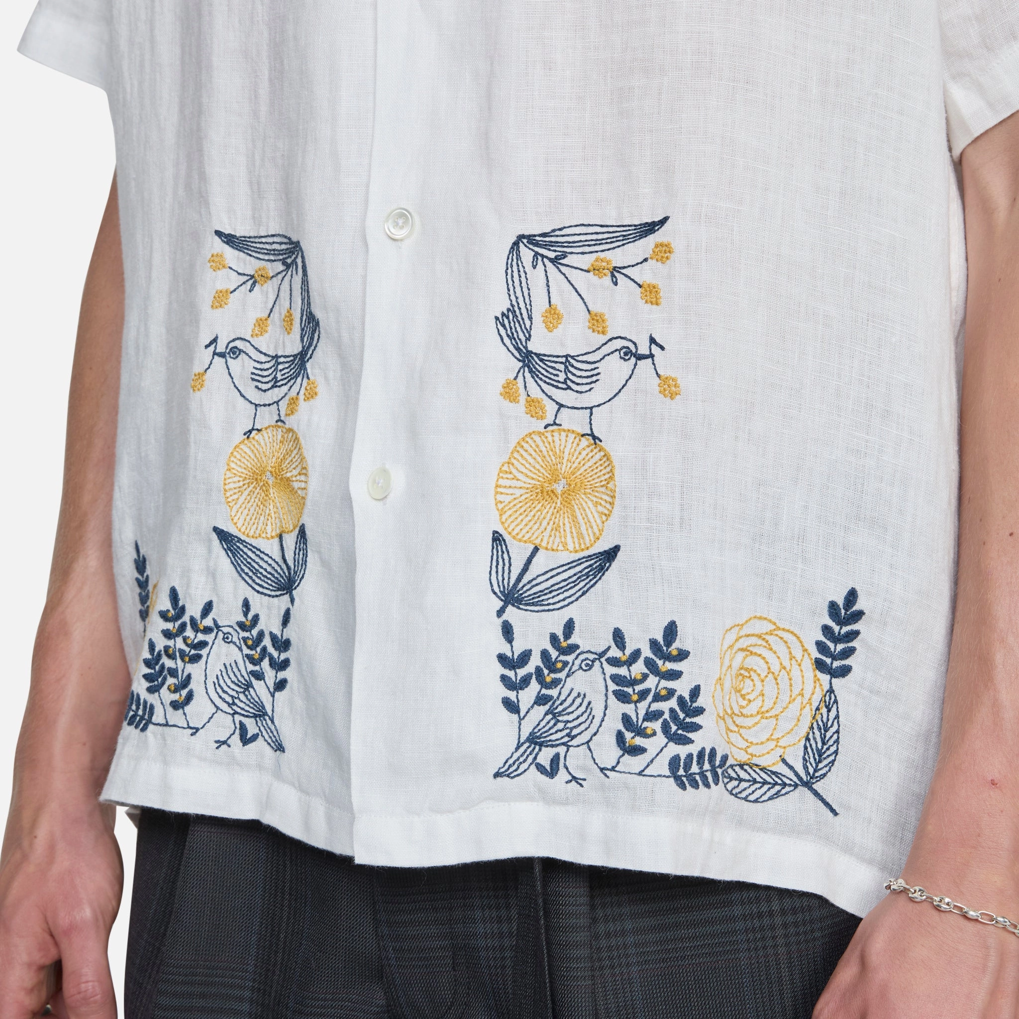 Embroidery Bird And Flowers Shirt Ecru