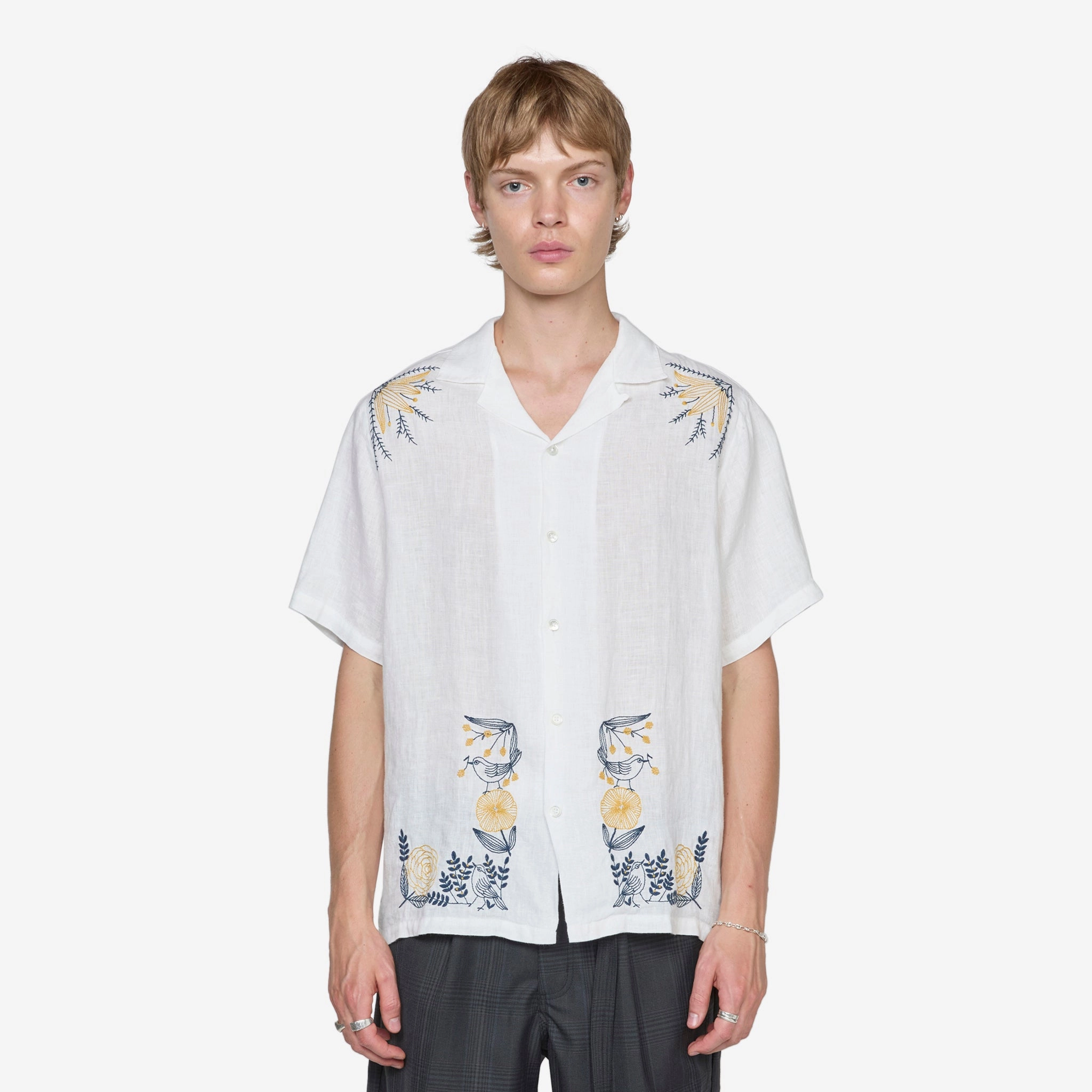 Embroidery Bird And Flowers Shirt Ecru