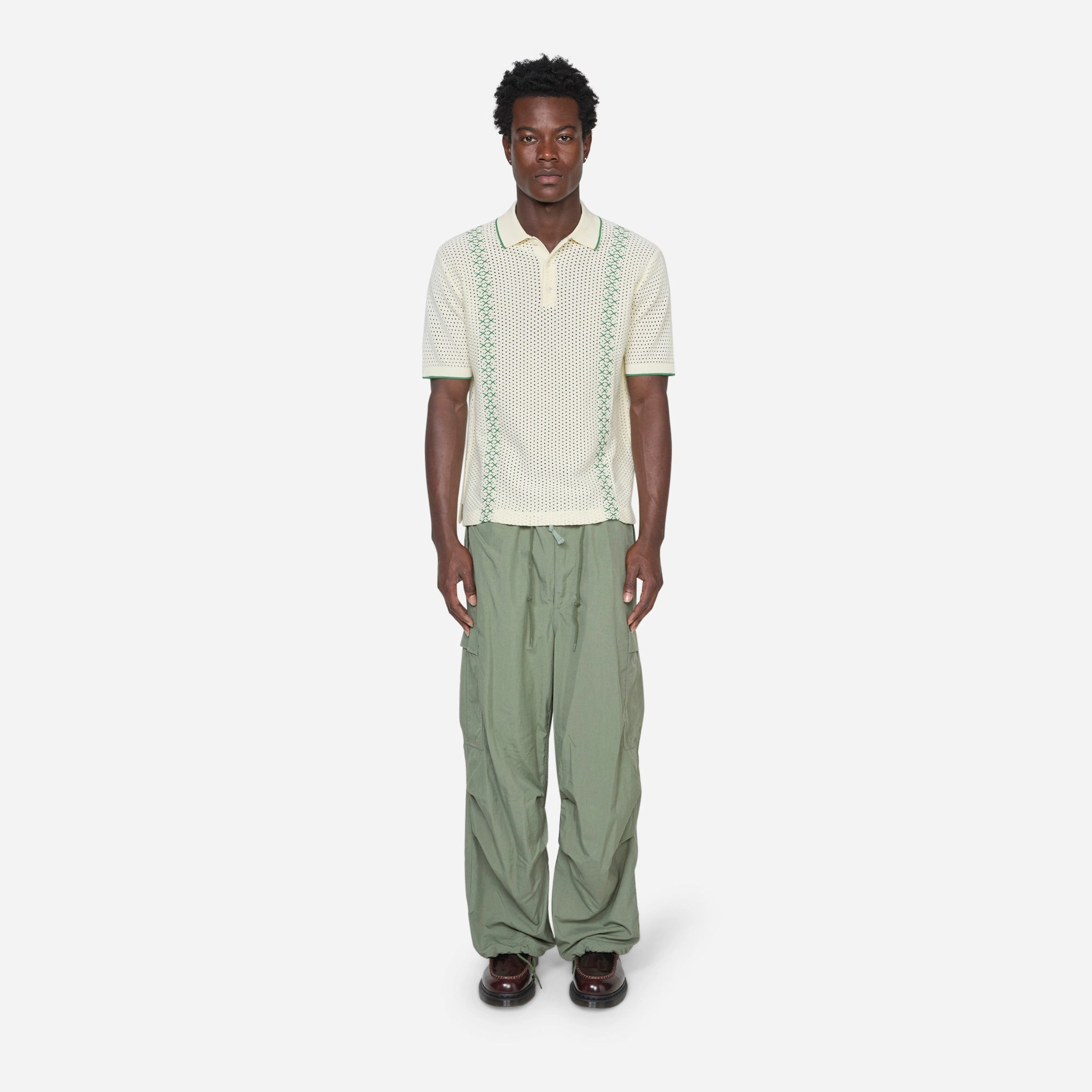 Knit Polo Mesh Stripe Off White