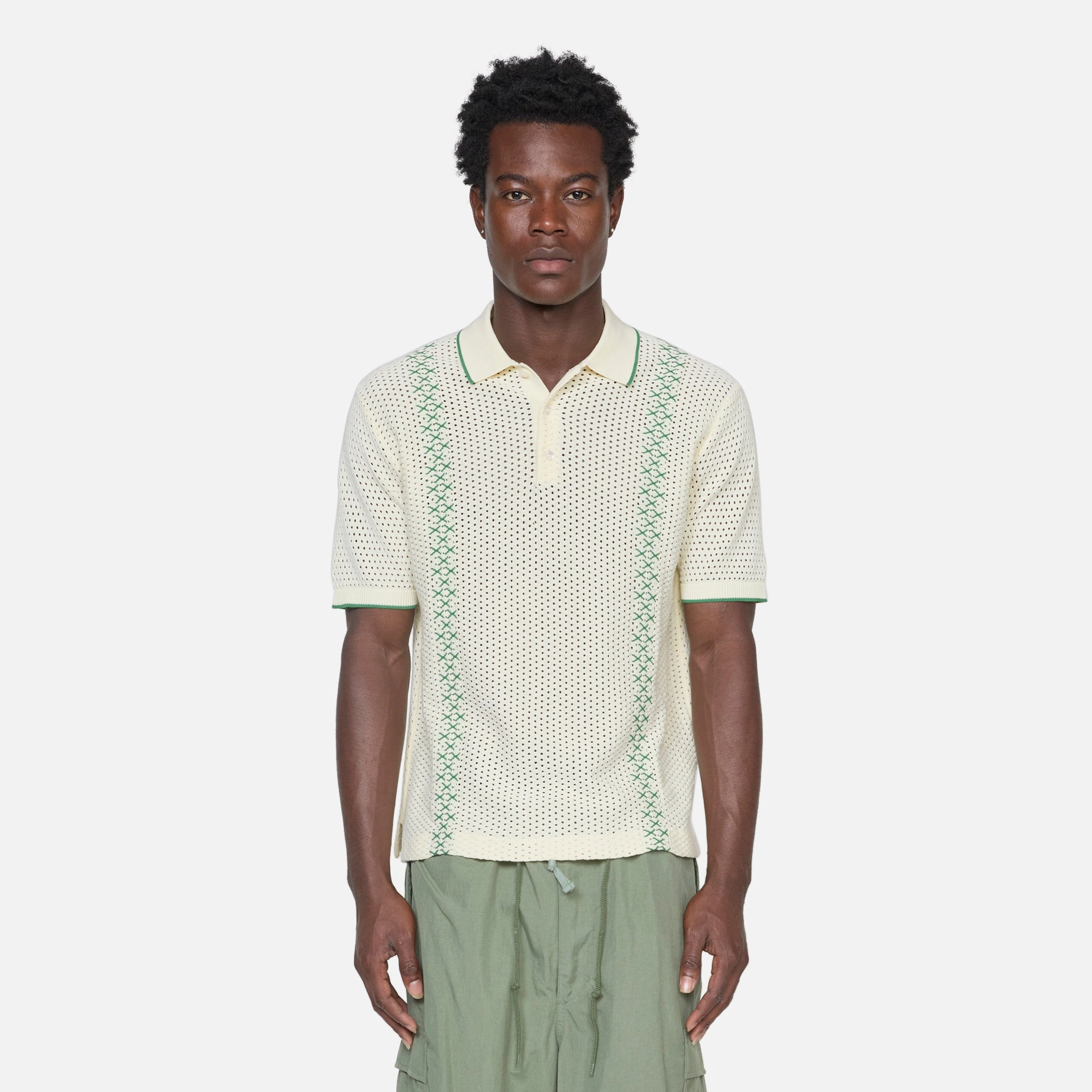 Knit Polo Mesh Stripe Off White