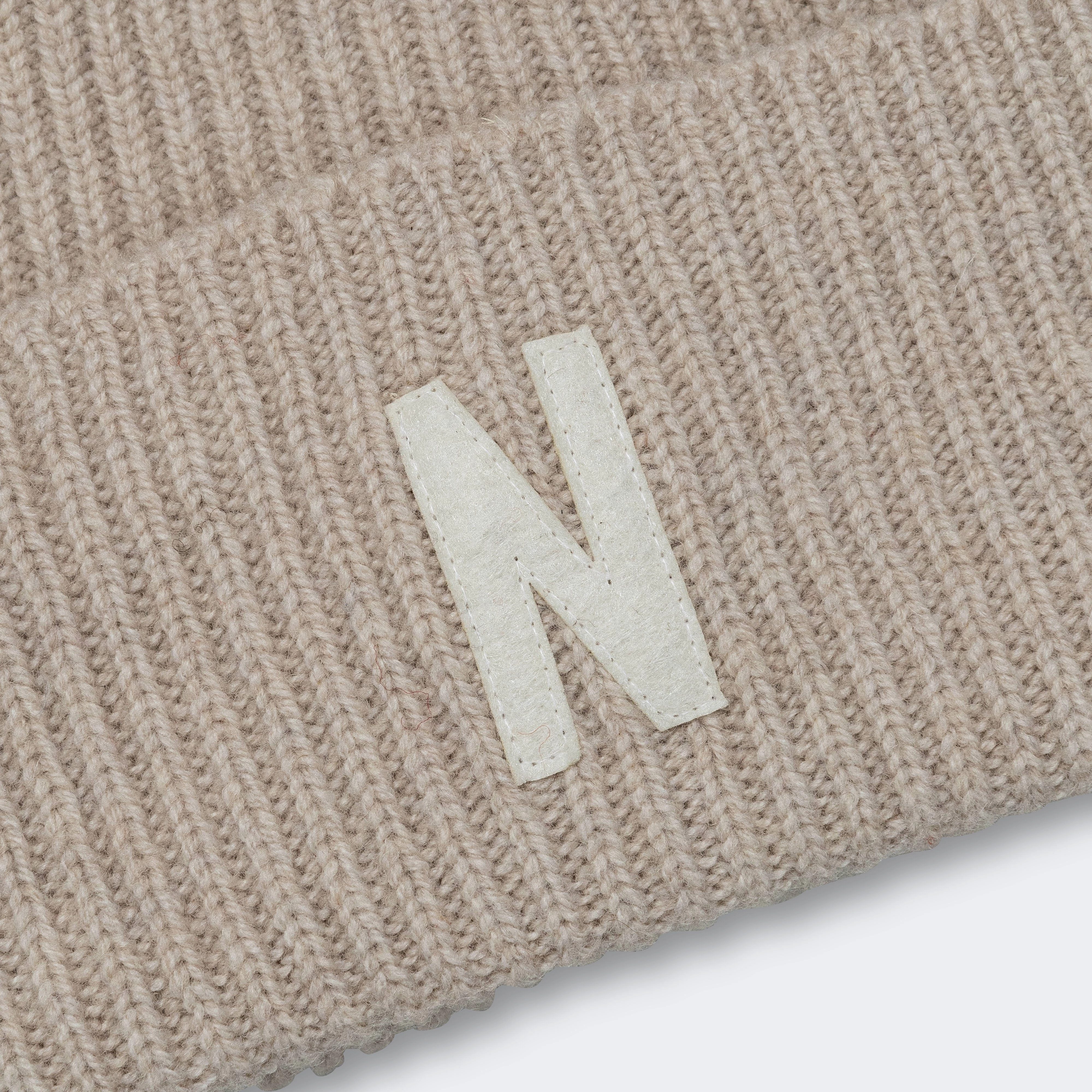 Merino Lambswool Rib N Logo Beanie - Oatmeal