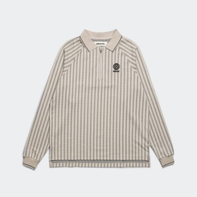 Ribbed LS Striped Polo - Tan