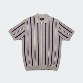 Zip Knit Stripe Polo - Light Grey