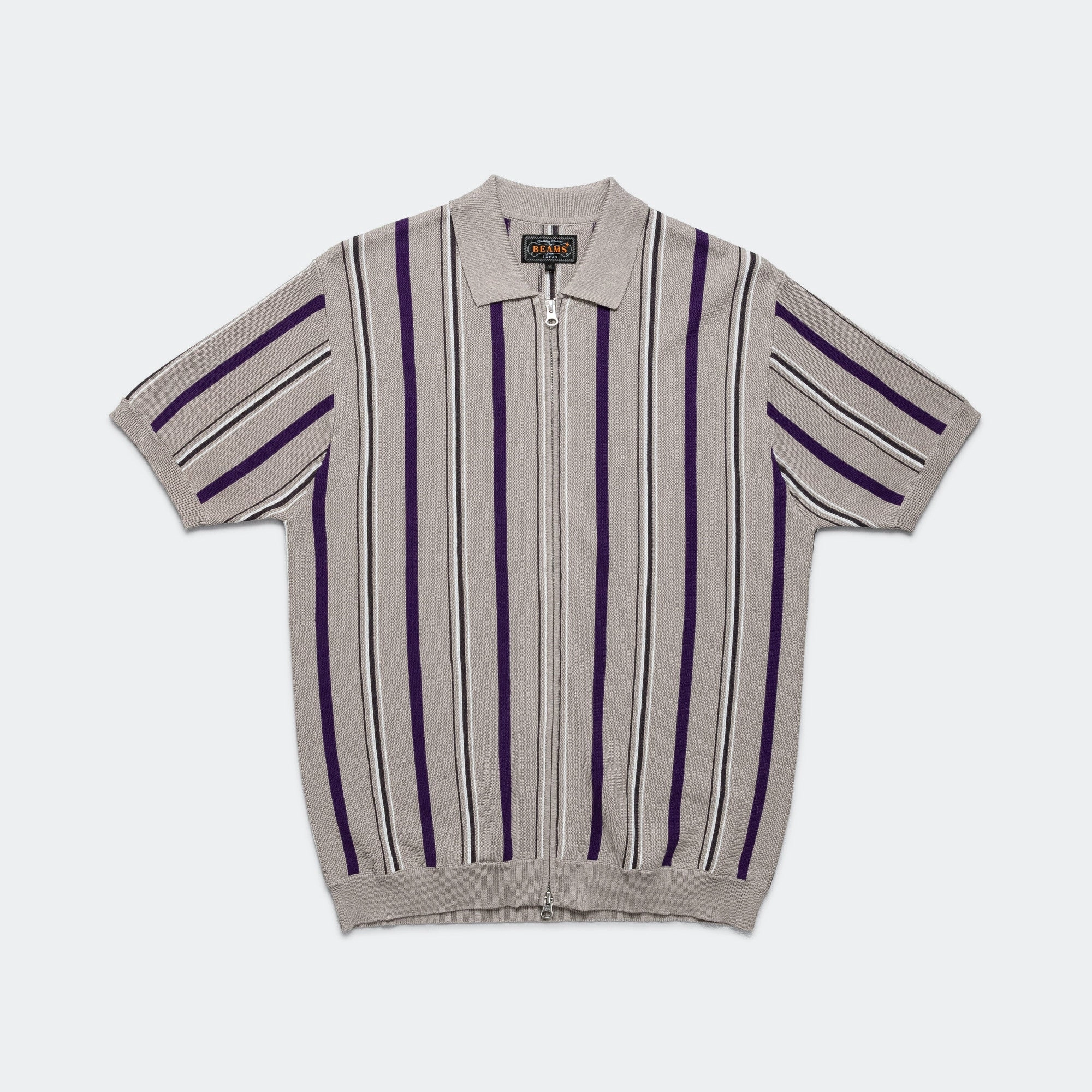Zip Knit Stripe Polo - Light Grey